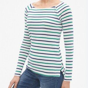 GAP Fitted Raglan Sleeve Top Size L White Green Navy Blue Y2K Nautical Retro